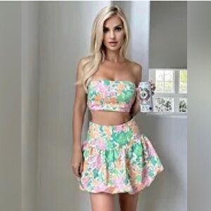 🆕 Free People 2 Piece Lula Bubble Mini Skirt
& Top Set Teal Combo Large